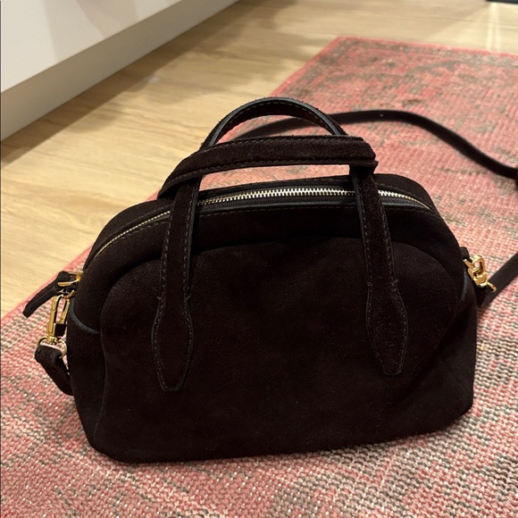 Brown Suede Handbag with Gold Accents - Picture 1 of 3